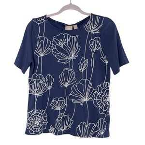 CHICO’S Navy Blue Short-Sleeve Top White Floral Pointillist Embroidery, Small